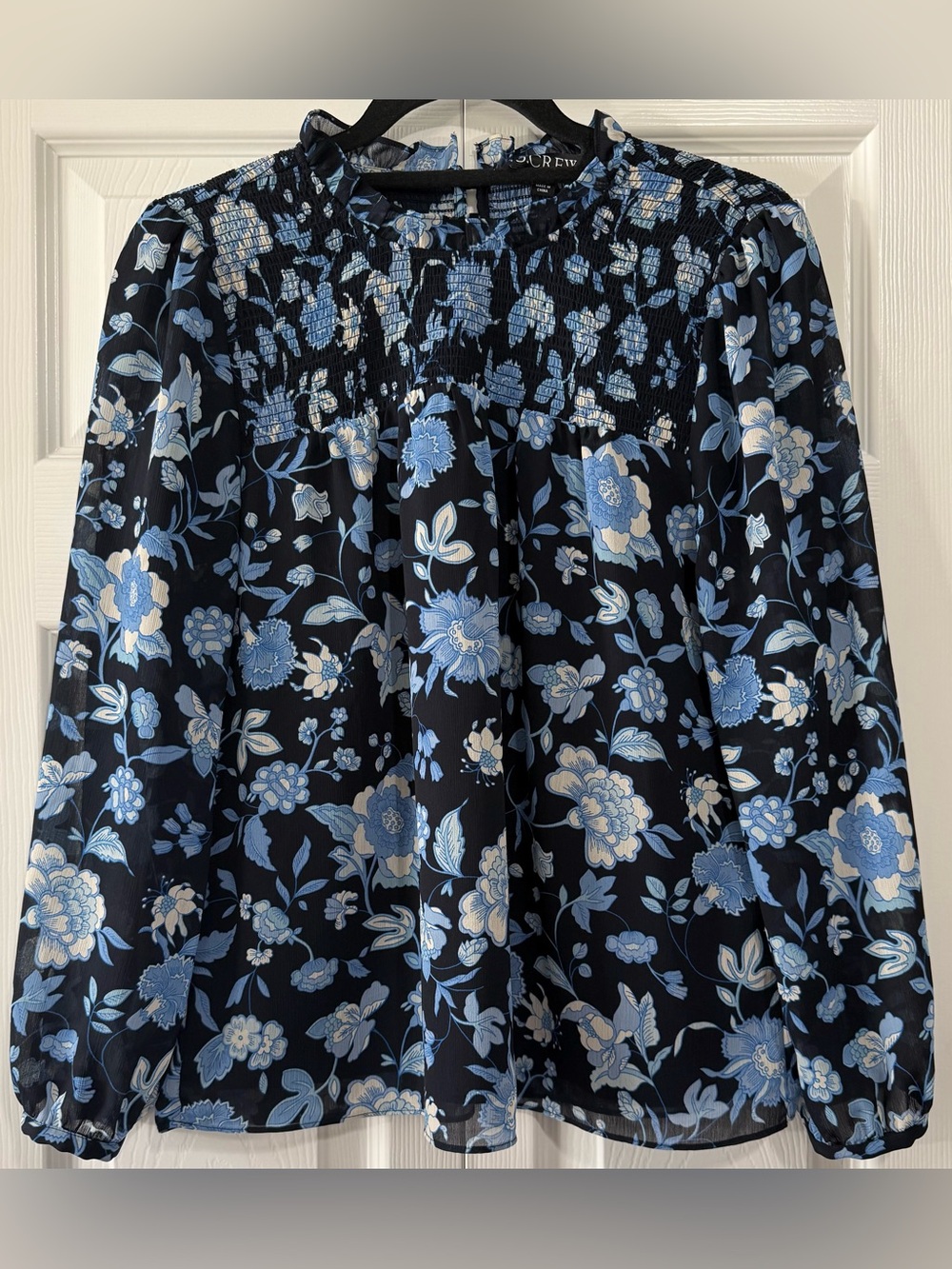 J. Crew Blue Floral Smocked Sheer Long Sleeve Blouse Size Small